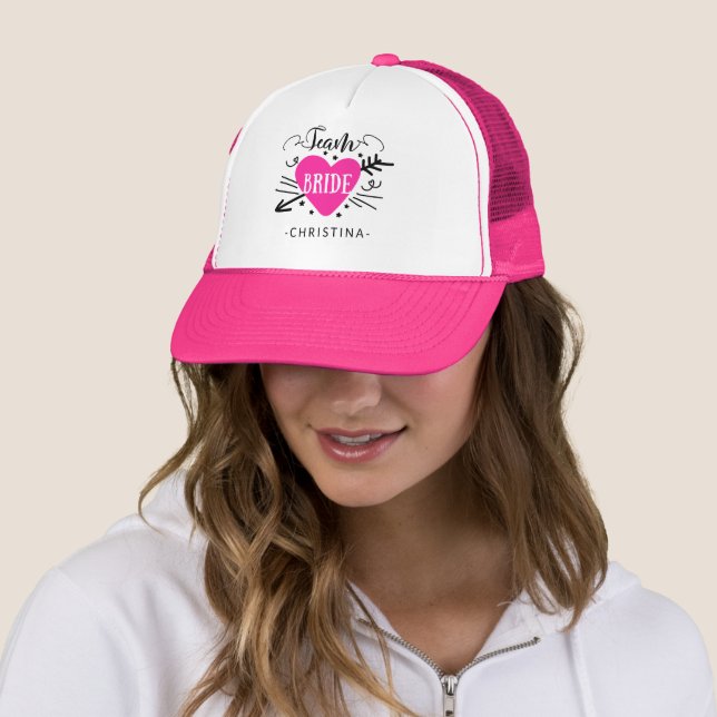 Add Your Bridesmaid Name Pink Heart Team Bride Trucker Hat (In Situ)