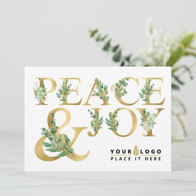Add Your Business Logo | Elegant Gold Peace & Joy  Holiday Card (Standing Front)