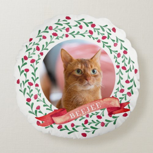 Add Your Cat Photo Name Christmas Wreath  Round Pillow