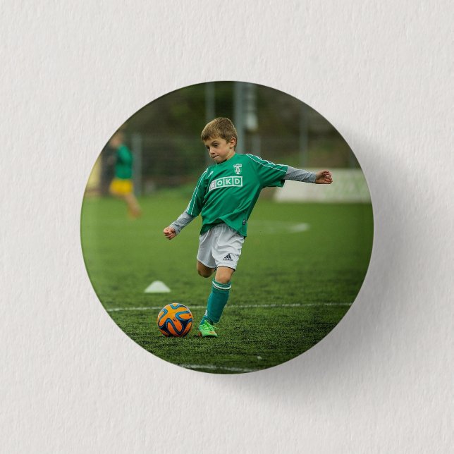 Add your Child Photo Playing soccer Button (Front)