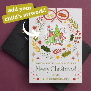 Add your child's art Modern Christmas Wreath Holiday Card