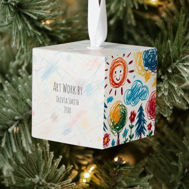 Add your Child's Artwork to this Christmas Cube Ornament (Tree)