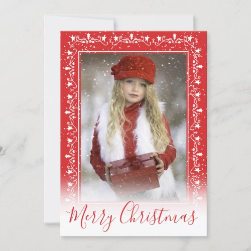 Add Your Christmas Photo Red Border White Bokeh Holiday Card