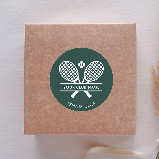 Add Your Club Name Tennis Sports Green Any Color Classic Round Sticker (Lawn Tennis White Rackets Motif Green Round Sticker)