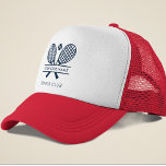 Add Your Club Name Tennis Team Navy Blue Custom Trucker Hat<br><div class="desc">Easily customize this trucker hat by adding your club or society name by clicking the "Personalize" button. You can change the background, fonts, and patch color by clicking the "Edit with Design tool". Perfect for any club, business, or school society. Order as many or as fewer as required. There's no...</div>
