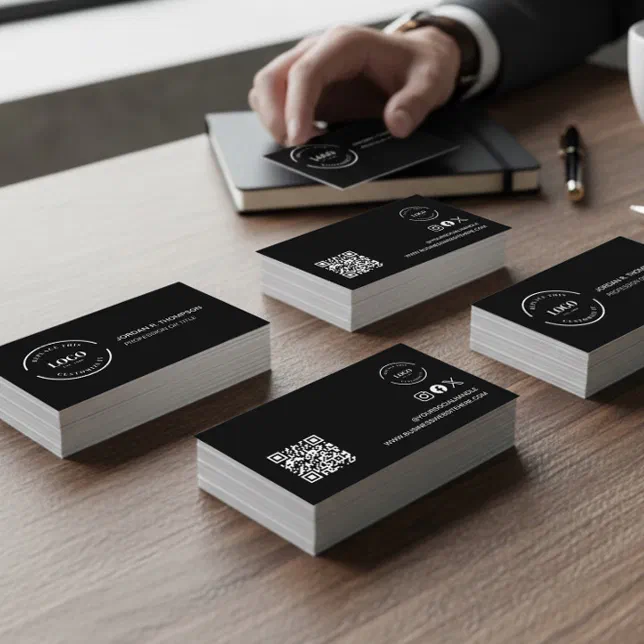 Add your custom logo QR code black Modern Design Business Card | Zazzle