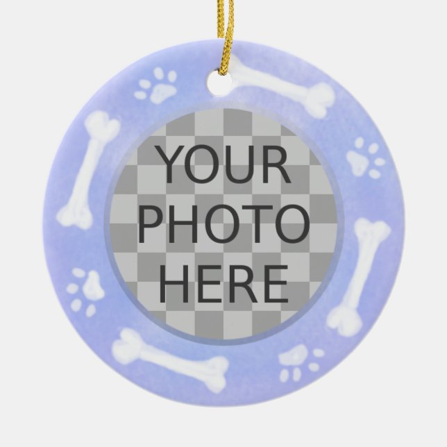 Add Your Dog's Photo: Bones and Pawprints Ceramic Ornament (Front)