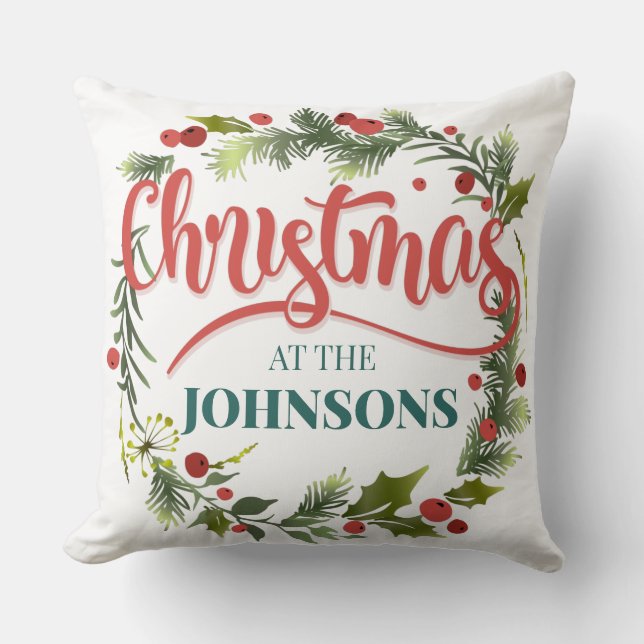 Add Your Family Name Christmas Elegant Throw Pillow (Front)