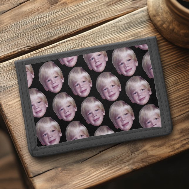 Add Your Floating Head Photo - Small Pattern Black Trifold Wallet (Custom Photo Collage Wallet)