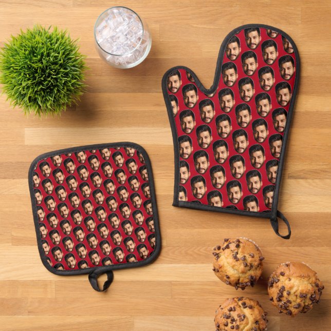 Add Your Funny Face Photo Pattern Personalized  Oven Mitt & Pot Holder Set (Top Down)