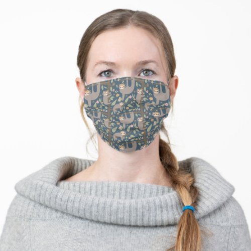 Add Your Initial  Cute Floral Sloth Pattern Adult Cloth Face Mask