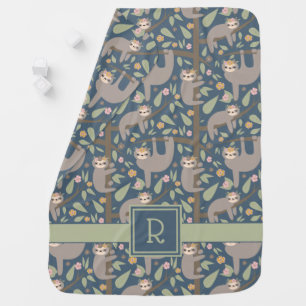 Add Your Initial Cute Floral Sloth Pattern Baby Blanket