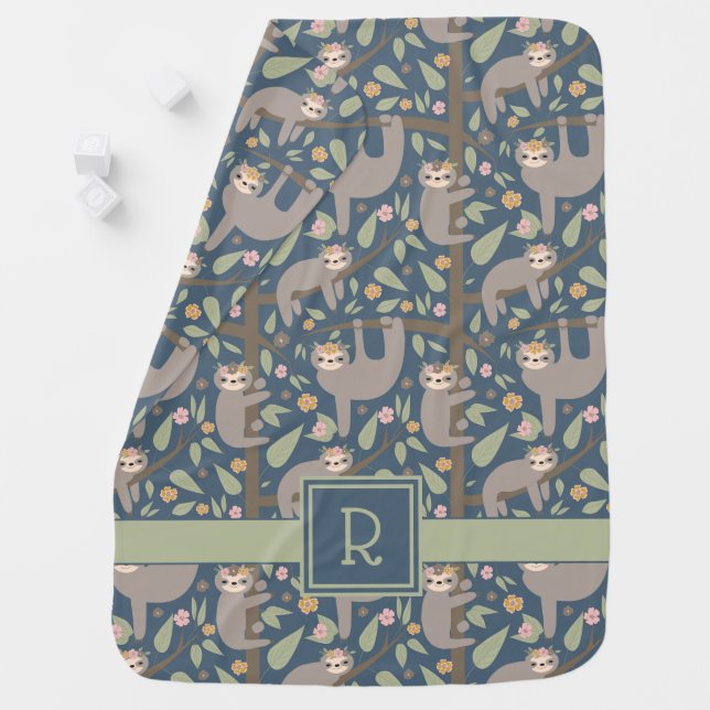 Add Your Initial | Cute Floral Sloth Pattern Baby Blanket (In Situ)