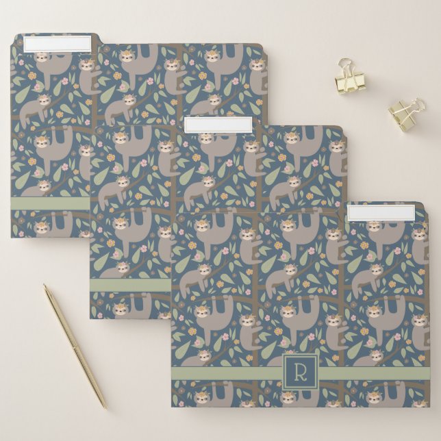 Add Your Initial | Cute Floral Sloth Pattern File Folder (Set)