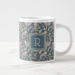 Add Your Initial   Cute Floral Sloth Pattern Giant Coffee Mug