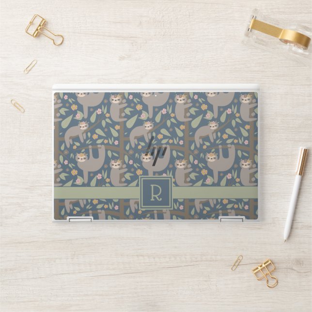 Add Your Initial | Cute Floral Sloth Pattern HP Laptop Skin (Desk)