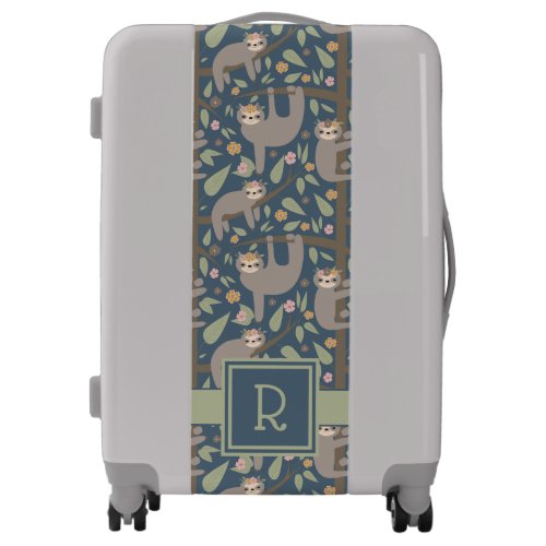 Add Your Initial  Cute Floral Sloth Pattern Luggage