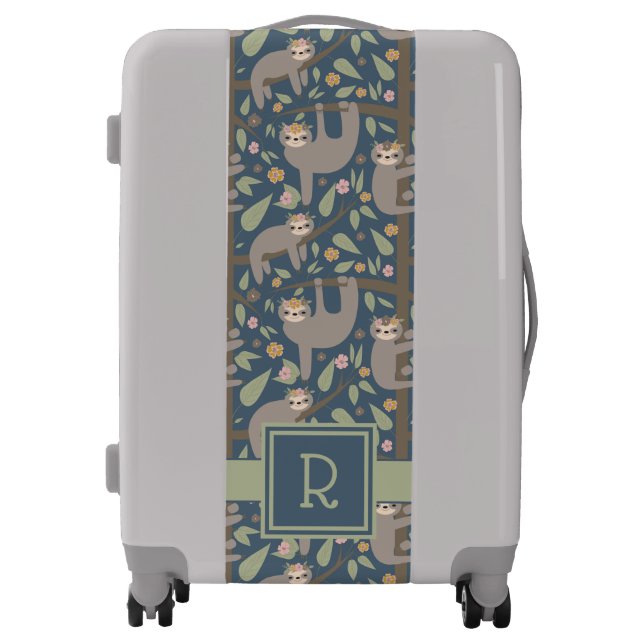 Add Your Initial | Cute Floral Sloth Pattern Luggage (Front)