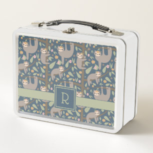 Add Your Initial Cute Floral Sloth Pattern Metal Lunch Box