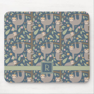 Add Your Initial Cute Floral Sloth Pattern Mouse Pad