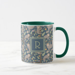 Add Your Initial   Cute Floral Sloth Pattern Mug