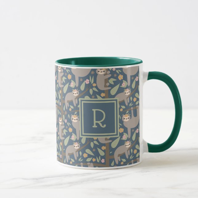 Add Your Initial | Cute Floral Sloth Pattern Mug (Right)