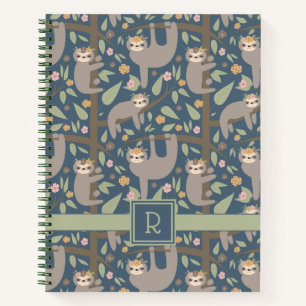 Add Your Initial Cute Floral Sloth Pattern Notebook