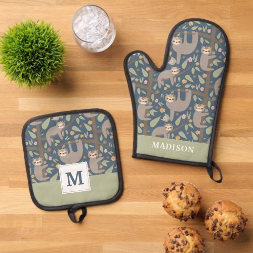 Add Your Initial  Cute Floral Sloth Pattern Oven Mitt  Pot Holder Set