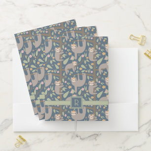 Add Your Initial   Cute Floral Sloth Pattern Pocket Folder