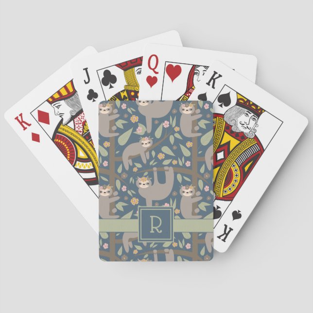 Add Your Initial | Cute Floral Sloth Pattern Poker Cards (Back)