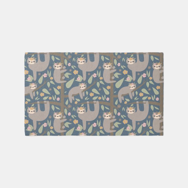 Add Your Initial | Cute Floral Sloth Pattern Rug (Front)
