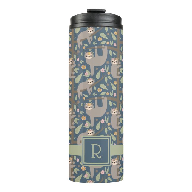 Add Your Initial | Cute Floral Sloth Pattern Thermal Tumbler (Front)