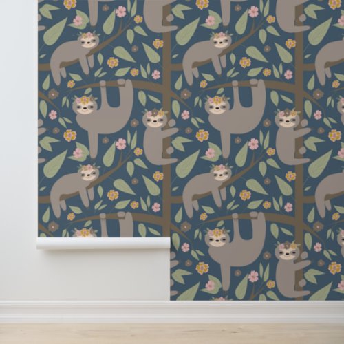 Add Your Initial  Cute Floral Sloth Pattern Wallpaper