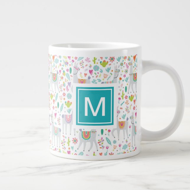 Add Your Initial | Cute Pastel Llama Pattern Giant Coffee Mug (Right)