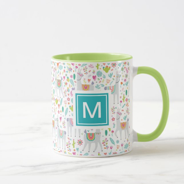 Add Your Initial | Cute Pastel Llama Pattern Mug (Right)