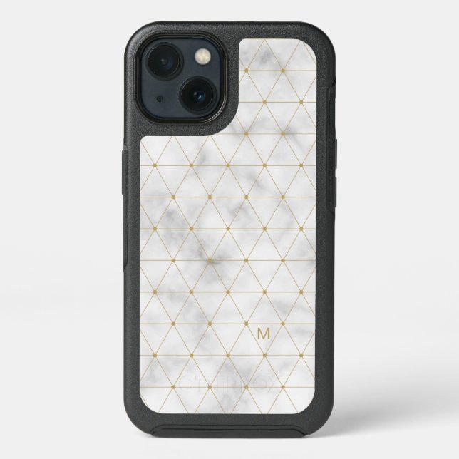 Add Your Initial | Gold Geometric White Marble Otterbox iPhone Case (Back)