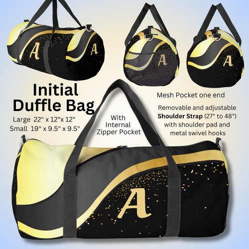 Add Your Initial Gold Ribbon Design on Black  Duffle Bag