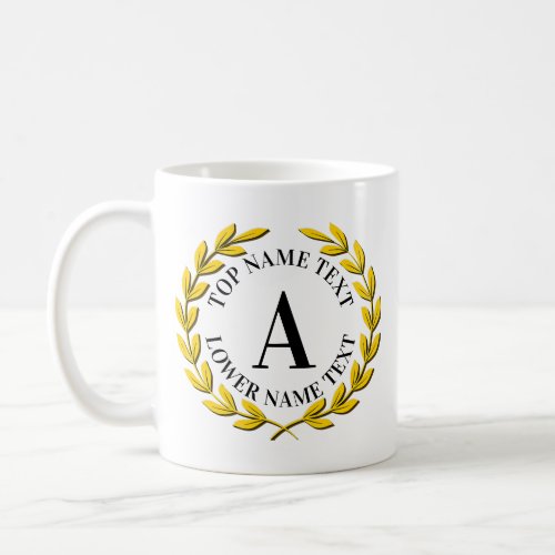 Add Your Initial Name or Text Gold Wreath A B C D Coffee Mug