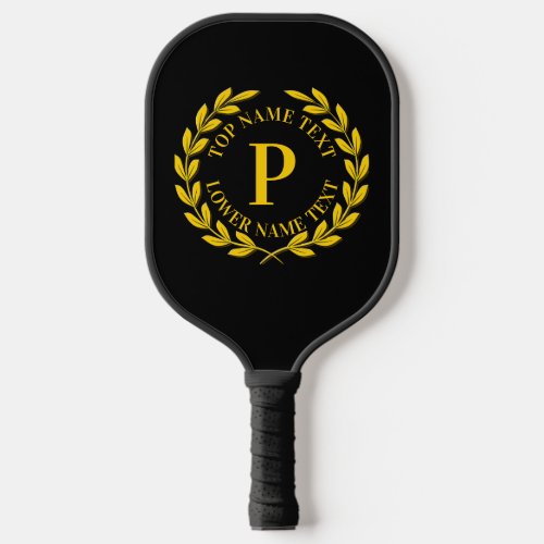 Add Your Initial Name or Text Gold Wreath Black   Pickleball Paddle