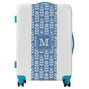 Add Your Initial Retro Scandinavian Blue Pattern Luggage