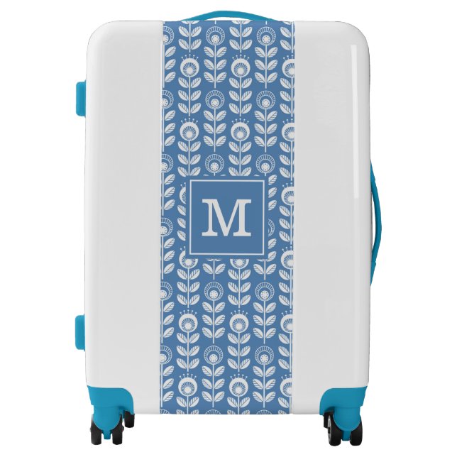 Add Your Initial | Retro Scandinavian Blue Pattern Luggage (Front)