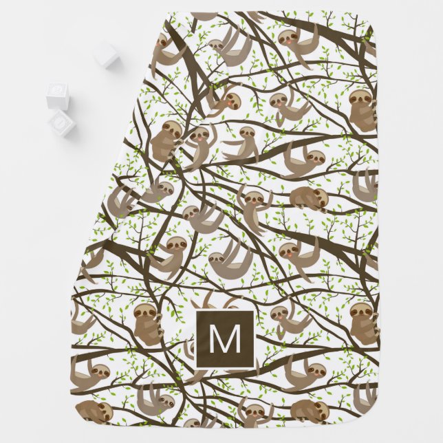 Add Your Initial | Smiling Sloth Pattern Baby Blanket (In Situ)