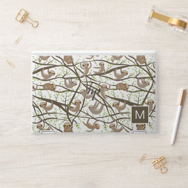 Add Your Initial | Smiling Sloth Pattern HP Laptop Skin (Desk)