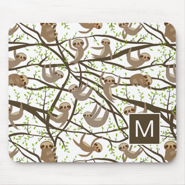 Add Your Initial | Smiling Sloth Pattern Mouse Pad (Front)
