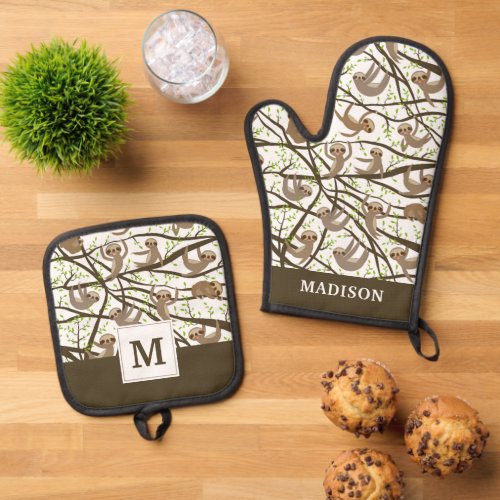 Add Your Initial  Smiling Sloth Pattern Oven Mitt  Pot Holder Set