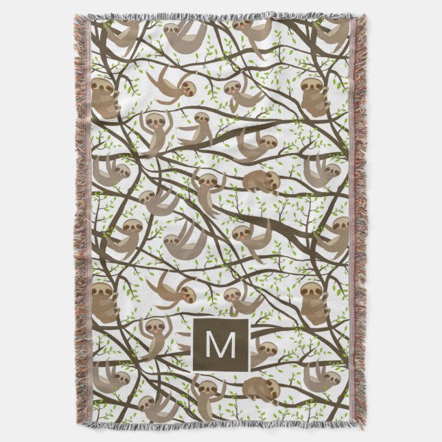 Add Your Initial | Smiling Sloth Pattern Throw Blanket (Front Vertical)