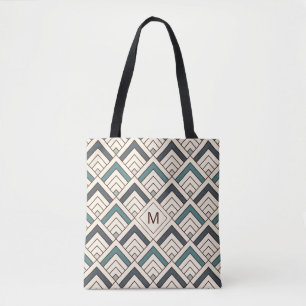 Add Your Initial Teal Geometric Pattern Tote Bag