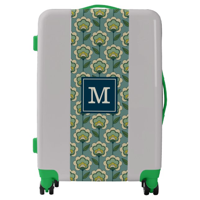 Add Your Initial | Teal & Yellow Floral Pattern Luggage (Front)
