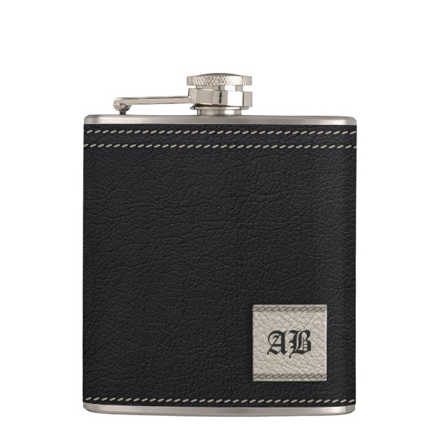 Add your initials - white and  black leather flask (Front)