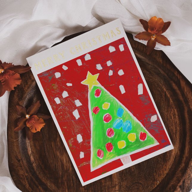    Add Your Kid's Drawing & Photo Cute Custom Xmas Foil Holiday Card (Creator Uploaded)